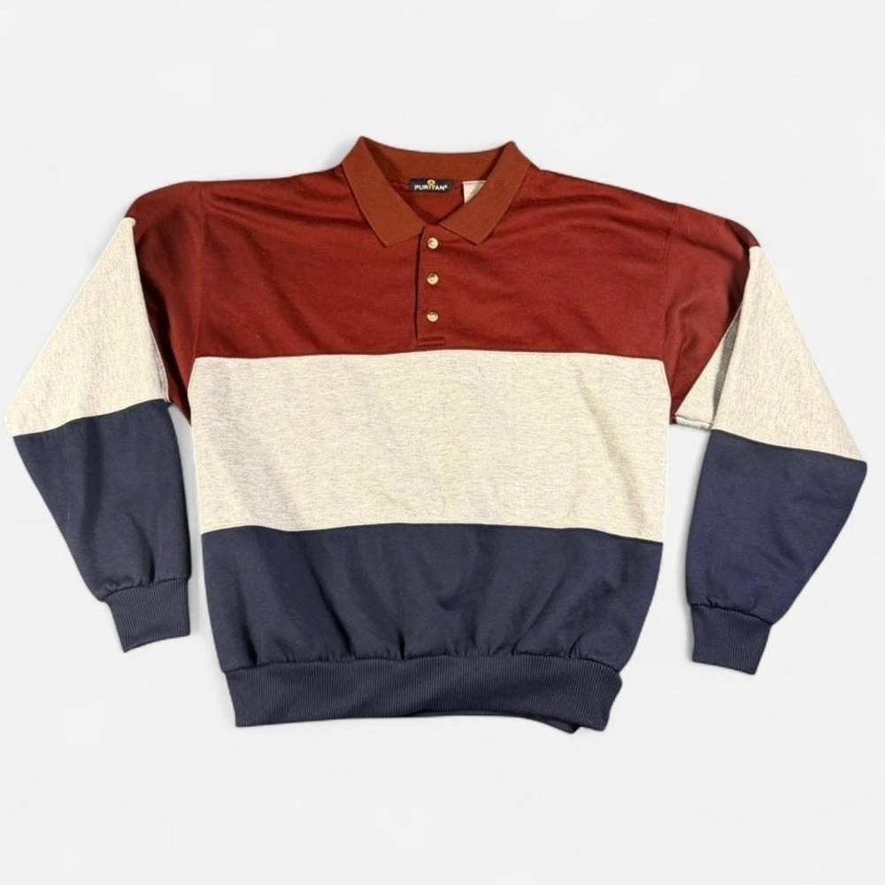 Vintage Puritan Long Sleeve Color Block Polo Shirt Size L
